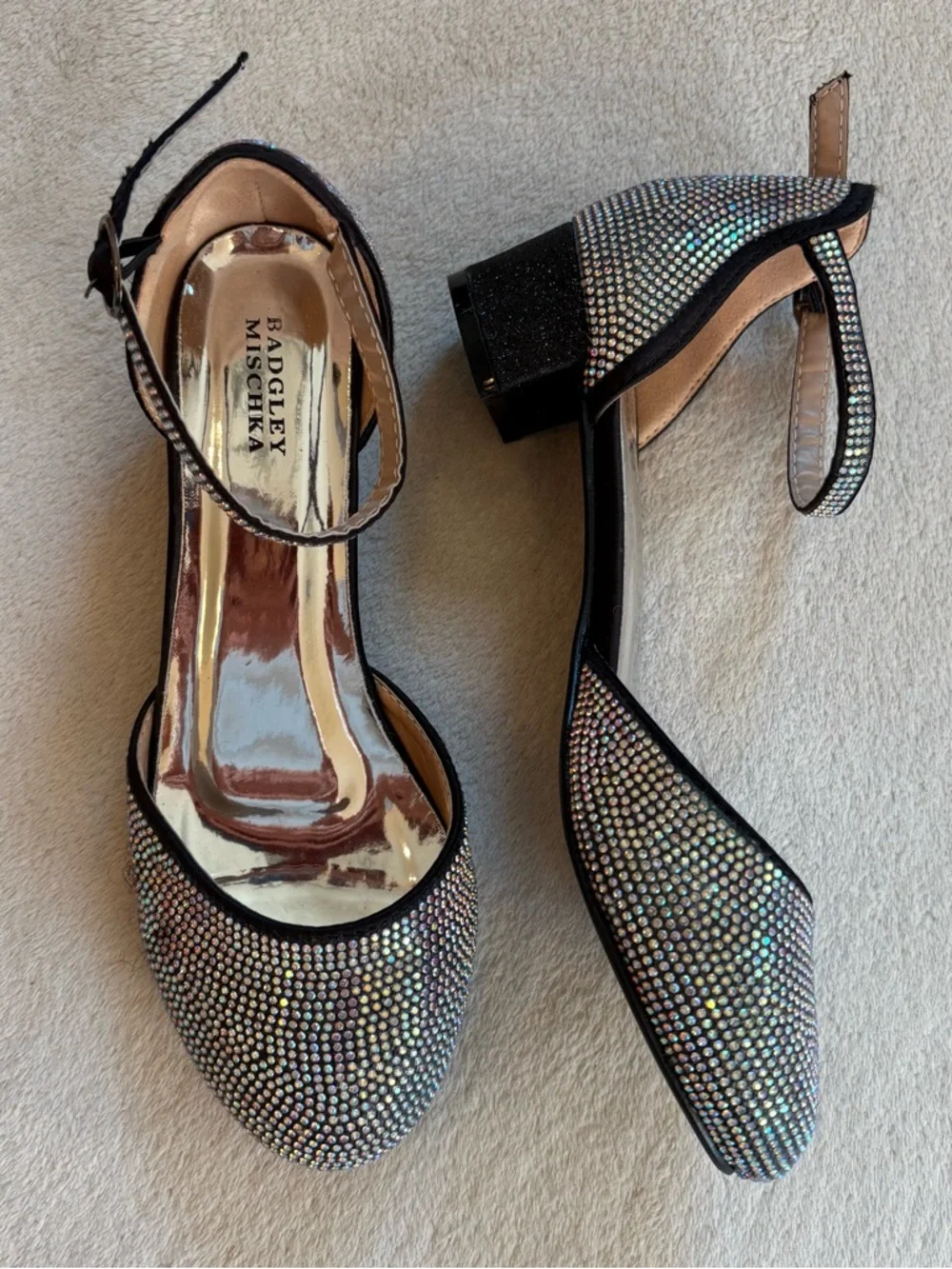Badgley Mischka Girl’s Iridescent Crystal Ankle-Strap Block Heel Sz 3